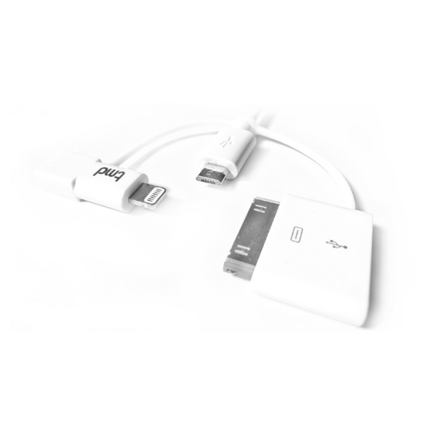 tmd Trident Charger Cable 1M, White, Micro USB x1, 30 Pin x1, MFI Lightning x1