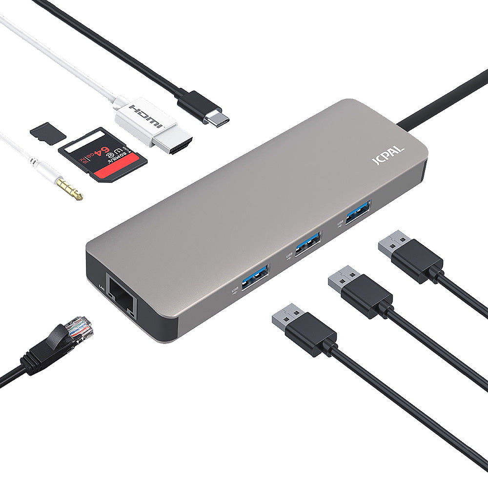JCPal USB-C 9-Port USB-C Hub, USB-C to HDMI, USB-C PD, 3 x USB3.1, Ethernet, SD Card Reader, microSD Card Reader